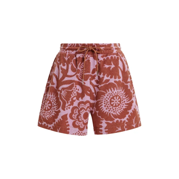 Essentiel Antwerp Pink And Brown Floral Jacquard Cotton-Blend Shorts With Drawstring Waist - Essentiel Antwerp Shorts - Colorful Belgian Design - Shop at Luxury Shoes 