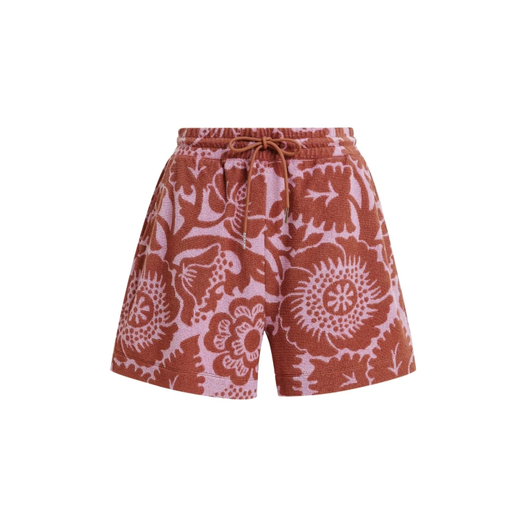 Essentiel Antwerp Pink And Brown Floral Jacquard Cotton-Blend Shorts With Drawstring Waist - Essentiel Antwerp Shorts - Colorful Belgian Design - Shop at Luxury Shoes 