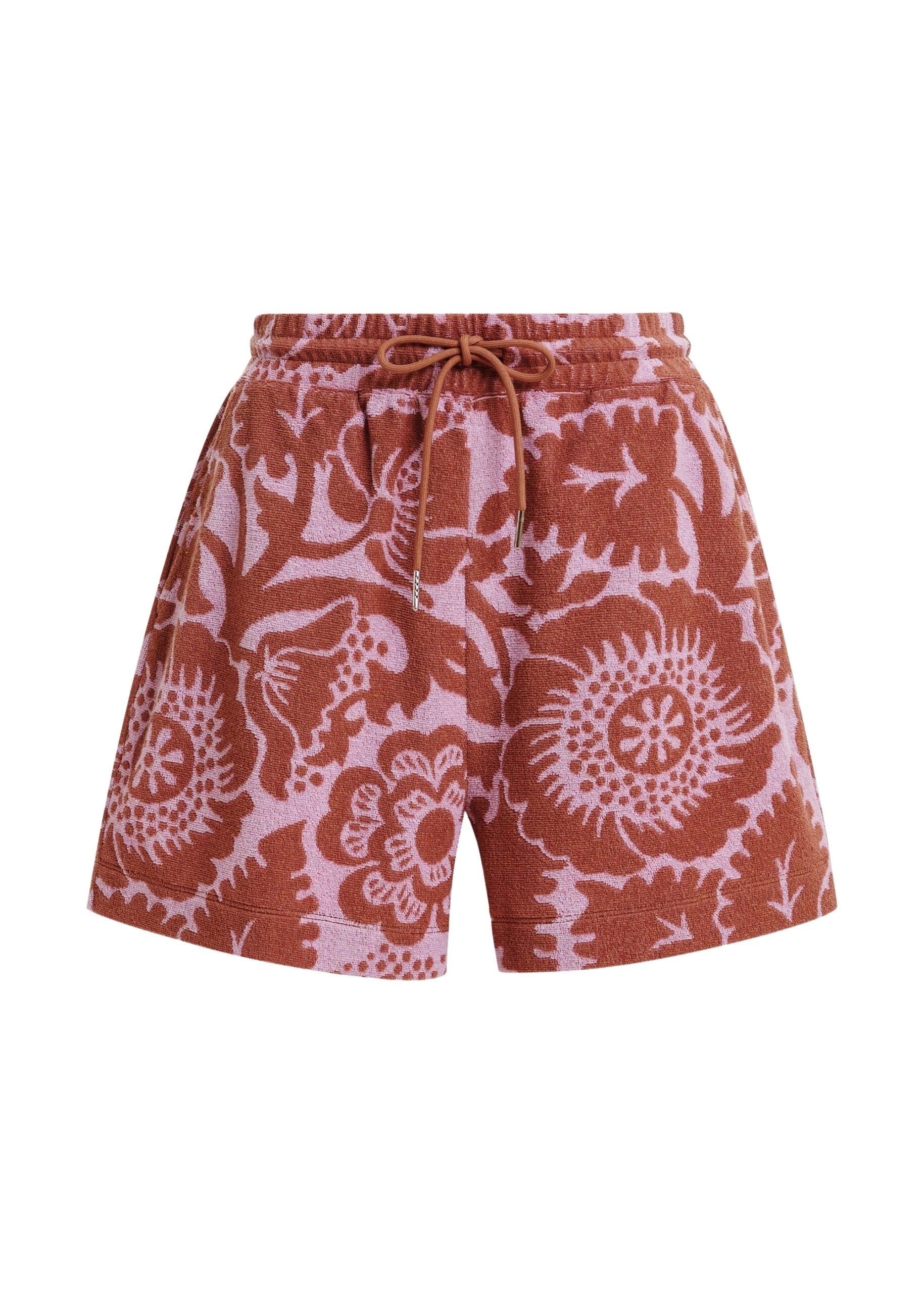 Essentiel-Antwerp-Pink-And-Brown-Floral-Jacquard-Cotton-Blend-Shorts-With-Drawstring-Waist-scaled86558_nobg Essentiel Antwerp Pink And Brown Floral Jacquard Cotton-Blend Shorts With Drawstring Waist