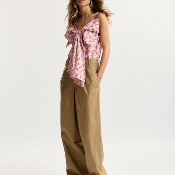 Essentiel Antwerp Pink And Brown Floral Print Cotton Top With Bow Detail, view 3