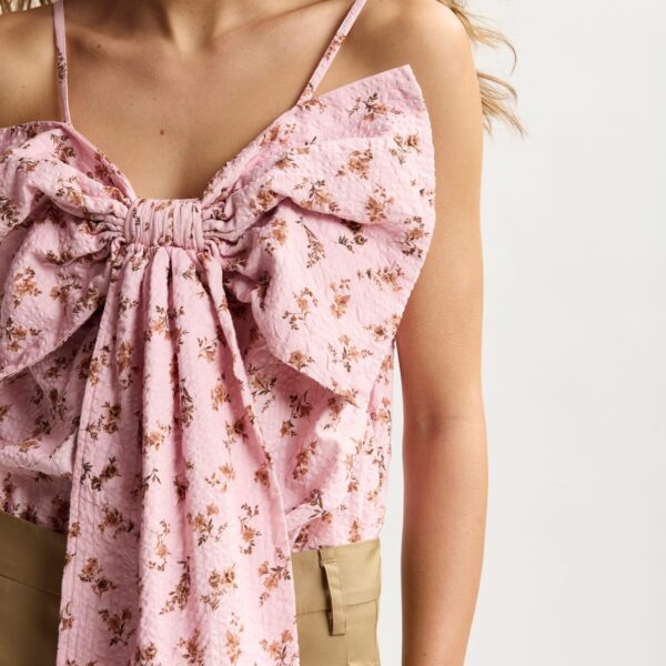 Essentiel Antwerp Pink And Brown Floral Print Cotton Top With Bow Detail, view 4