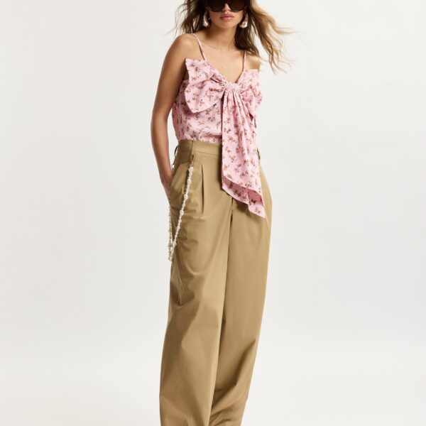 Essentiel Antwerp Pink And Brown Floral Print Cotton Top With Bow Detail, view 5