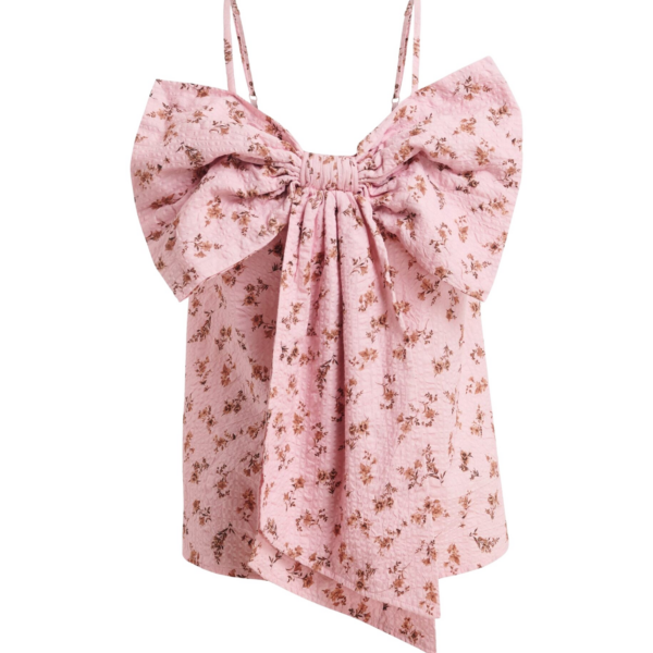 Essentiel Antwerp Pink And Brown Floral Print Cotton Top With Bow Detail