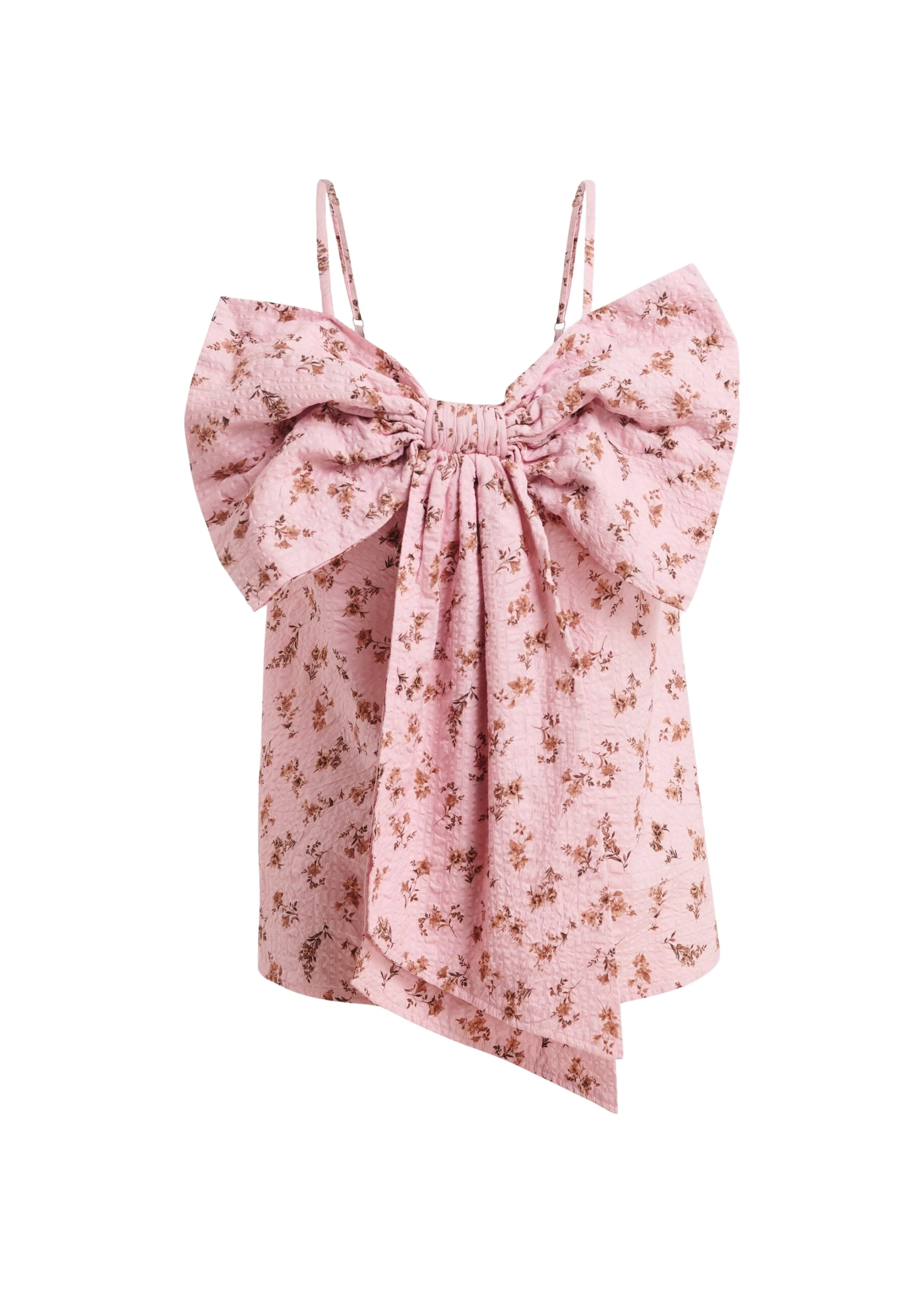 Essentiel Antwerp Pink And Brown Floral Print Cotton Top With Bow Detail