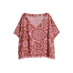 Essentiel Antwerp Pink And Brown Textured Floral Jacquard Cotton-Blend Top With Fringed Trims
