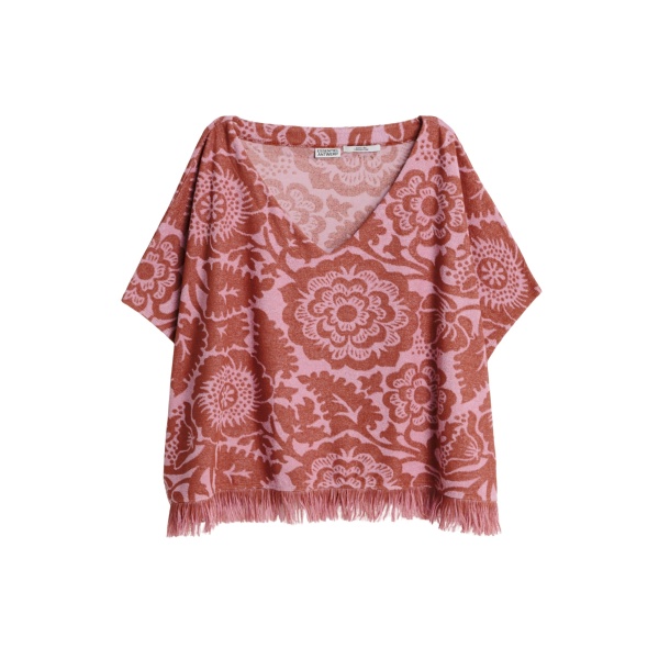 Essentiel Antwerp Pink And Brown Textured Floral Jacquard Cotton-Blend Top With Fringed Trims - Essentiel Antwerp Tops - Colorful Belgian Design - Shop at Luxury Shoes 