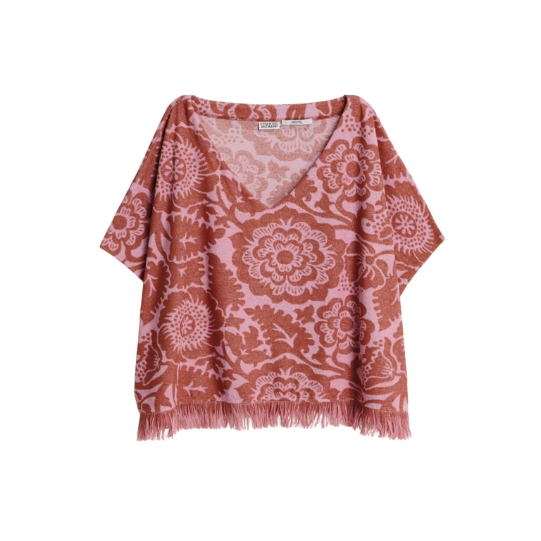 Essentiel Antwerp Pink And Brown Textured Floral Jacquard Cotton-Blend Top With Fringed Trims - Essentiel Antwerp Tops - Colorful Belgian Design - Shop at Luxury Shoes 