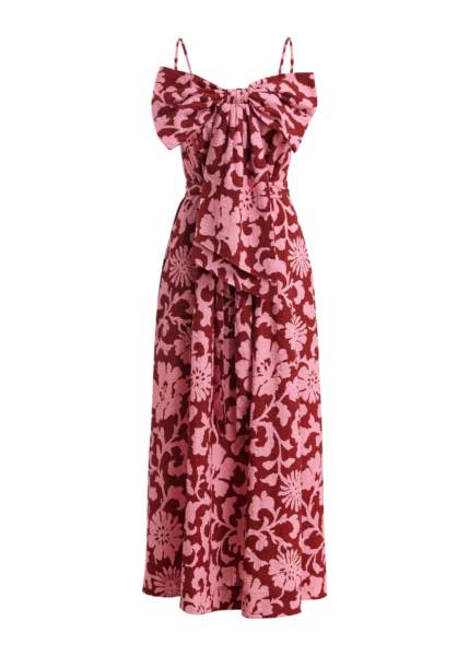 Essentiel Antwerp Pink And Dark Red Floral Print Babydoll Midi Dress With Bow Detail - Essentiel Antwerp Dresses - Colorful Belgian Design - Shop at Luxury Shoes 