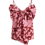 Essentiel Antwerp Pink And Dark Red Floral Print Cotton Top With Bow Detail - Essentiel Antwerp Tops - Colorful Belgian Design - Shop at Luxury Shoes 