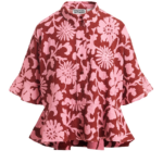 Essentiel Antwerp Pink And Dark Red Peplum Cotton Shirt With Contrasting Collar - Essentiel Antwerp Tops - Colorful Belgian Design - Shop at Luxury Shoes 