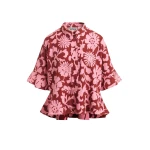 Essentiel Antwerp Pink And Dark Red Peplum Cotton Shirt With Contrasting Collar