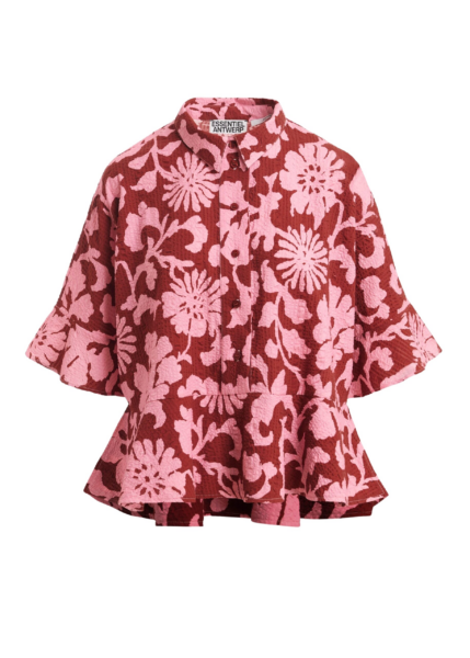 Essentiel Antwerp Pink And Dark Red Peplum Cotton Shirt With Contrasting Collar - Essentiel Antwerp Tops - Colorful Belgian Design - Shop at Luxury Shoes 