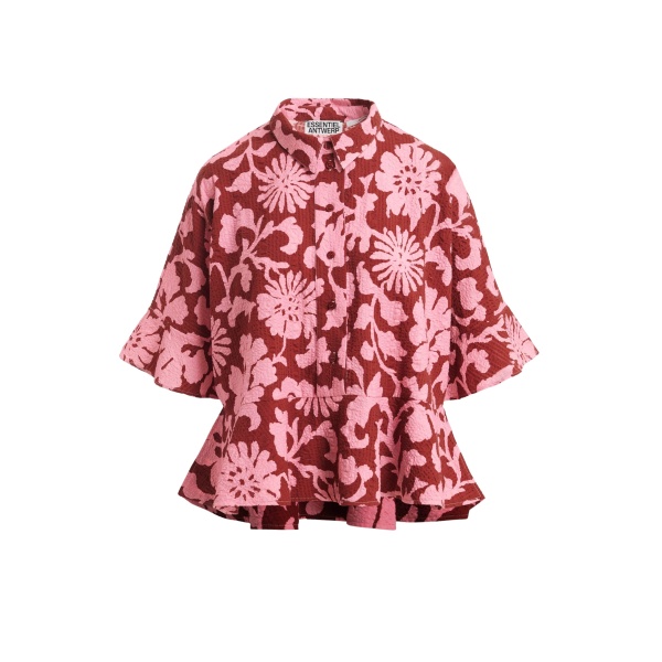 Essentiel Antwerp Pink And Dark Red Peplum Cotton Shirt With Contrasting Collar - Essentiel Antwerp Tops - Colorful Belgian Design - Shop at Luxury Shoes 