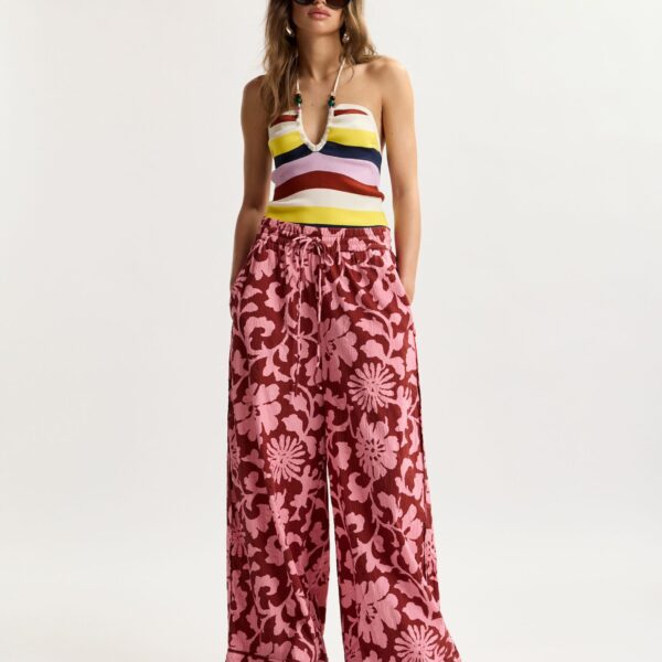 Essentiel Antwerp Pink And Dark Red Wide-Leg Pants With Contrast Stitching, view 2