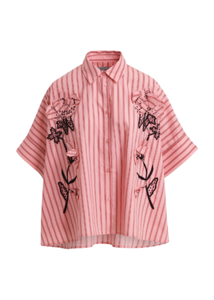 Essentiel Antwerp Pink And Red Oversized Cotton Shirt With Floral Appliqué Embroidery And Bead Embellishments - Essentiel Antwerp Tops - Colorful Belgian Design - Shop at Luxury Shoes 