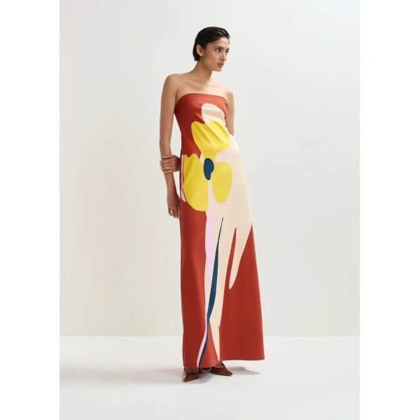 Cream And Yellow Strapless Maxi Dress With Oversized Floral Print - Essentiel Antwerp Dresses - Colorful Belgian Design - Shop at Luxury Shoes 