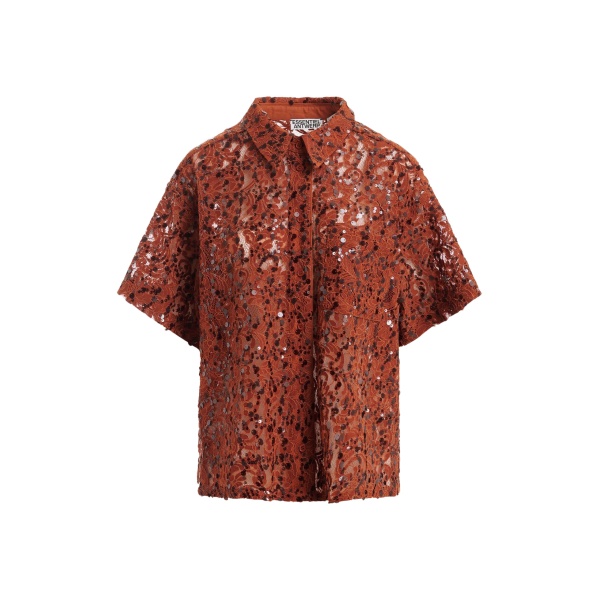 Essentiel Antwerp Rust Sequin-Embellished Short-Sleeve Shirt - Essentiel Antwerp Shorts - Colorful Belgian Design - Shop at Luxury Shoes 
