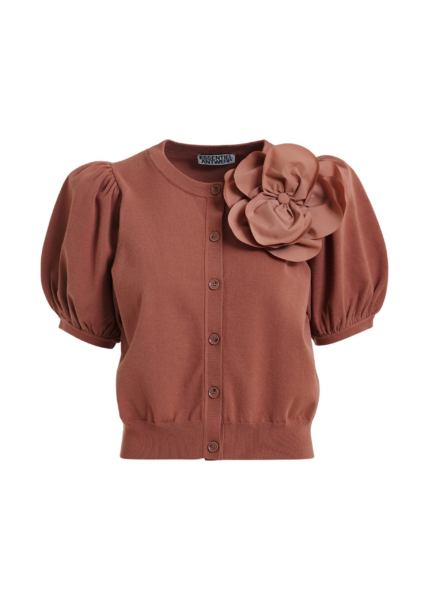 Essentiel Antwerp Terracotta Fine Knit Cardigan With Oversized Flower Brooch - Essentiel Antwerp Knitwear - Colorful Belgian Design - Shop at Luxury Shoes 
