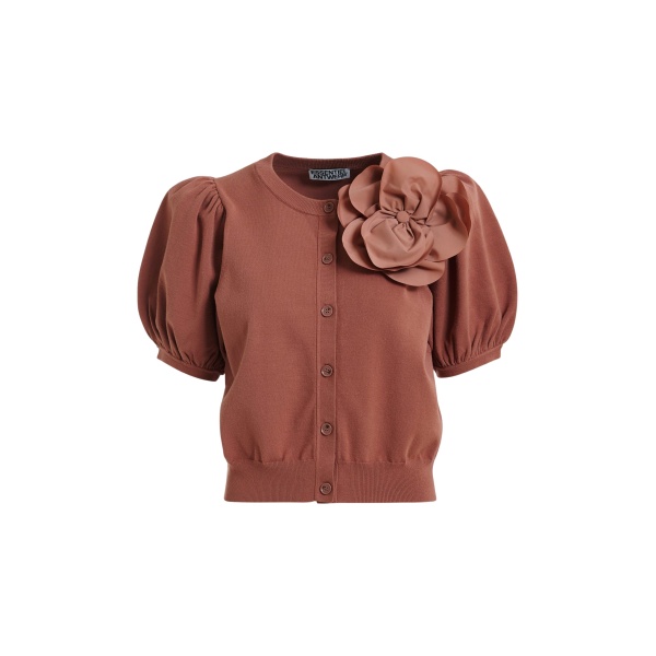 Essentiel Antwerp Terracotta Fine Knit Cardigan With Oversized Flower Brooch - Essentiel Antwerp Knitwear - Colorful Belgian Design - Shop at Luxury Shoes 
