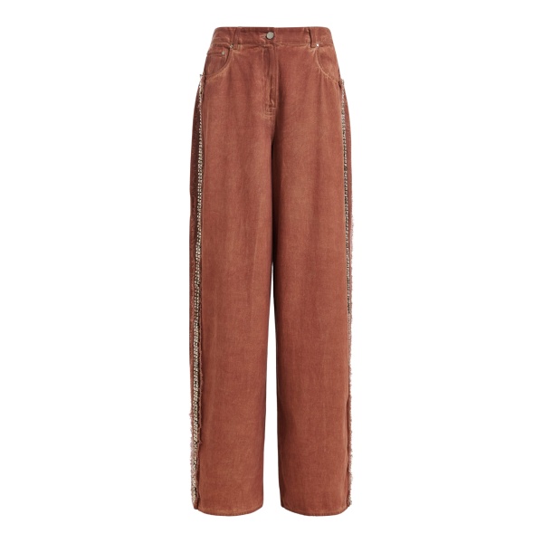 Essentiel Antwerp Terracotta High-Rise Wide-Leg Jeans With Embellished Side Trims - Essentiel Antwerp Pants - Colorful Belgian Design - Shop at Luxury Shoes 