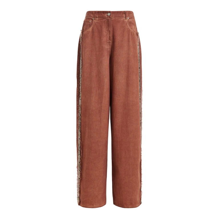 Essentiel Antwerp Terracotta High-Rise Wide-Leg Jeans With Embellished Side Trims - Essentiel Antwerp Pants - Colorful Belgian Design - Shop at Luxury Shoes 