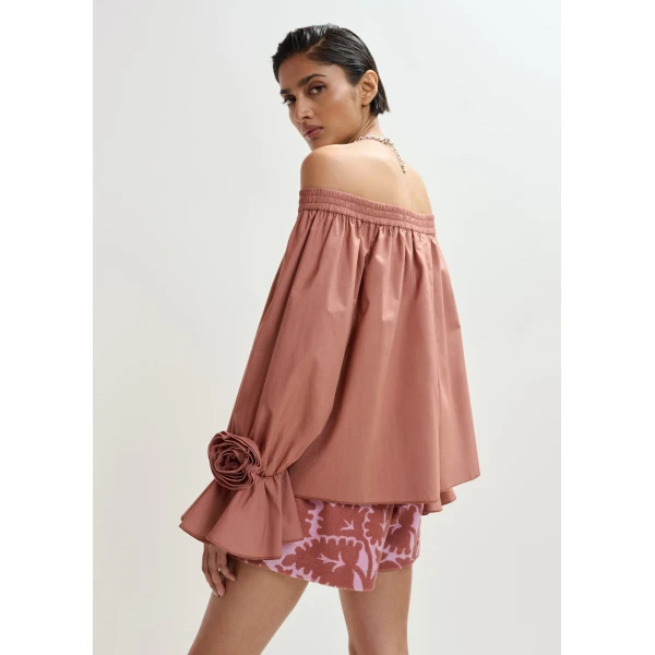 Essentiel Antwerp Vintage Pink Strapless Cotton Top With Rosette Details - Essentiel Antwerp Tops - Colorful Belgian Design - Shop at Luxury Shoes 