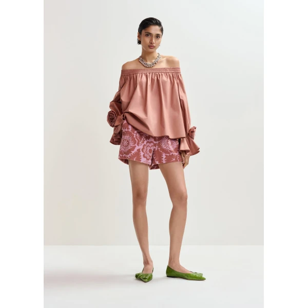 Essentiel Antwerp Vintage Pink Strapless Cotton Top With Rosette Details - Essentiel Antwerp Tops - Colorful Belgian Design - Shop at Luxury Shoes 