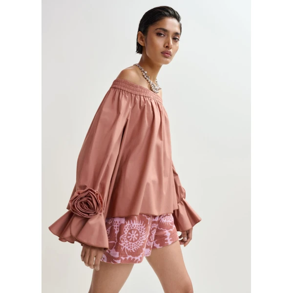 Essentiel Antwerp Vintage Pink Strapless Cotton Top With Rosette Details - Essentiel Antwerp Tops - Colorful Belgian Design - Shop at Luxury Shoes 