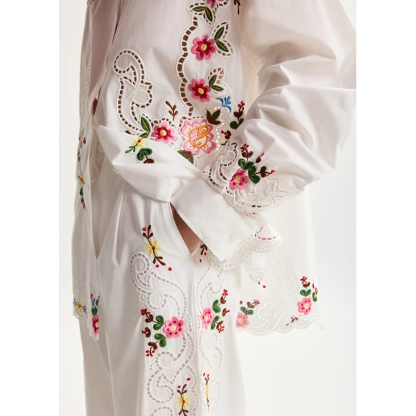 Essentiel Antwerp White And Multicolor Floral Embroidered Wide-Leg Cotton Trousers - Essentiel Antwerp Pants - Colorful Belgian Design - Shop at Luxury Shoes 