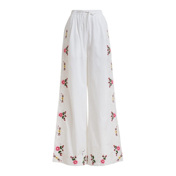 Essentiel Antwerp White And Multicolor Floral Embroidered Wide-Leg Cotton Trousers - Essentiel Antwerp Pants - Colorful Belgian Design - Shop at Luxury Shoes 