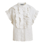 Essentiel Antwerp White Broderie Anglaise Cotton Blouse With Ruffled Trims - Essentiel Antwerp Tops - Colorful Belgian Design - Shop at Luxury Shoes 