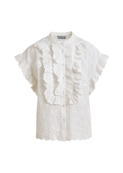 Essentiel Antwerp White Broderie Anglaise Cotton Blouse With Ruffled Trims - Essentiel Antwerp Tops - Colorful Belgian Design - Shop at Luxury Shoes 
