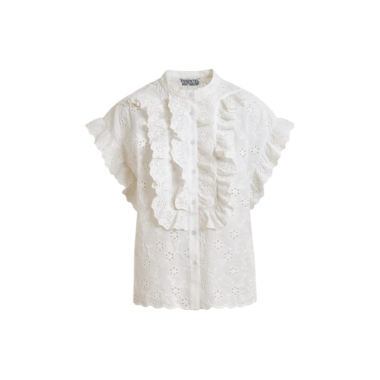 Essentiel Antwerp White Broderie Anglaise Cotton Blouse With Ruffled Trims - Essentiel Antwerp Tops - Colorful Belgian Design - Shop at Luxury Shoes 