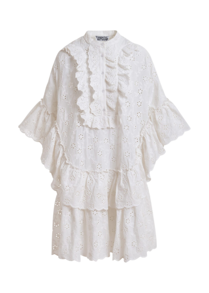 Essentiel Antwerp White Broderie Anglaise Cotton Mini Dress With Ruffled Trims - Essentiel Antwerp Dresses - Colorful Belgian Design - Shop at Luxury Shoes 