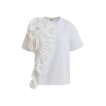 Essentiel Antwerp White Cotton T-Shirt With Oversized Floral Ruffle Detail Top