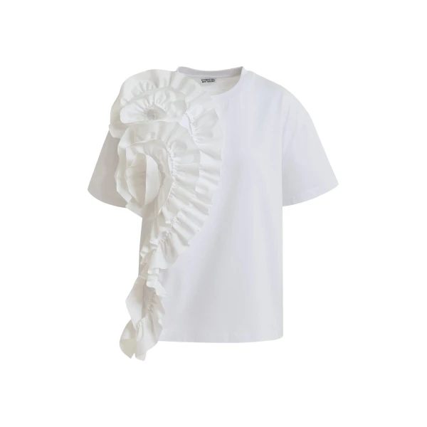 Essentiel Antwerp White Cotton T-Shirt With Oversized Floral Ruffle Detail - Essentiel Antwerp Tops - Colorful Belgian Design - Shop at Luxury Shoes 