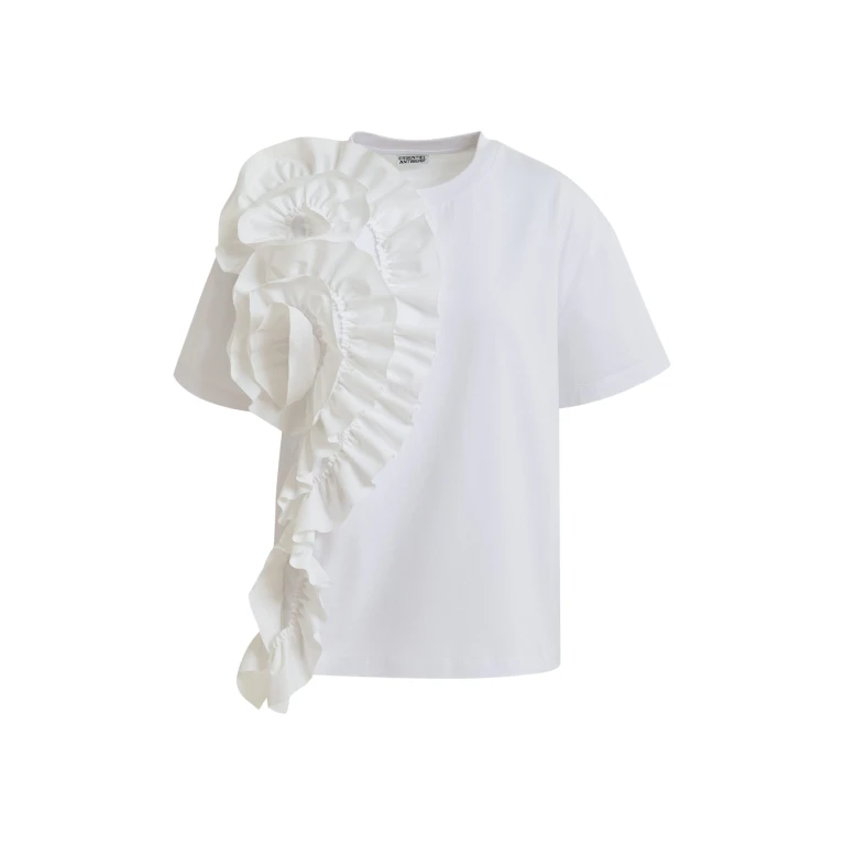 Essentiel Antwerp White Cotton T-Shirt With Oversized Floral Ruffle Detail - Essentiel Antwerp Tops - Colorful Belgian Design - Shop at Luxury Shoes 