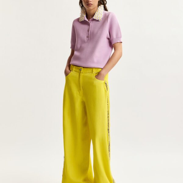 Essentiel Antwerp Yellow High-Rise Wide-Leg Jeans With Embellished Side Trims, view 3