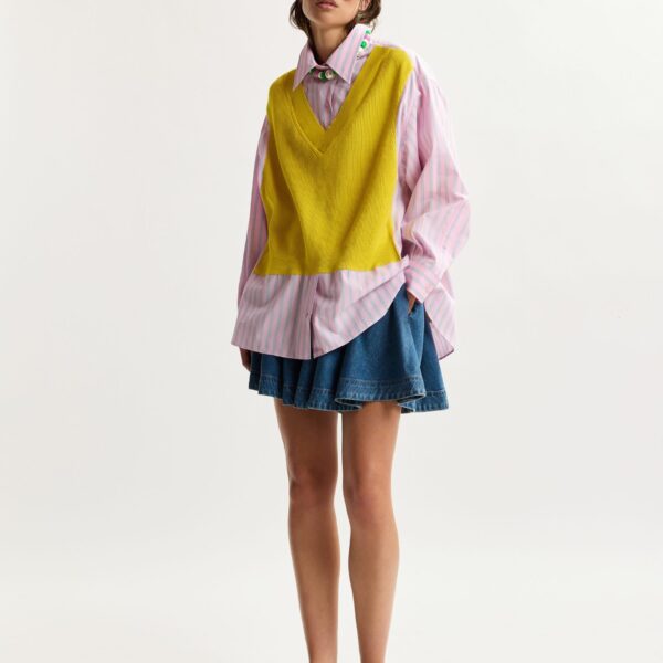 Essentiel Antwerp Yellow, Light Pink And Light Blue Knit-Panel Oversized Shirt, view 2