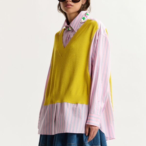 Essentiel Antwerp Yellow, Light Pink And Light Blue Knit-Panel Oversized Shirt, view 3