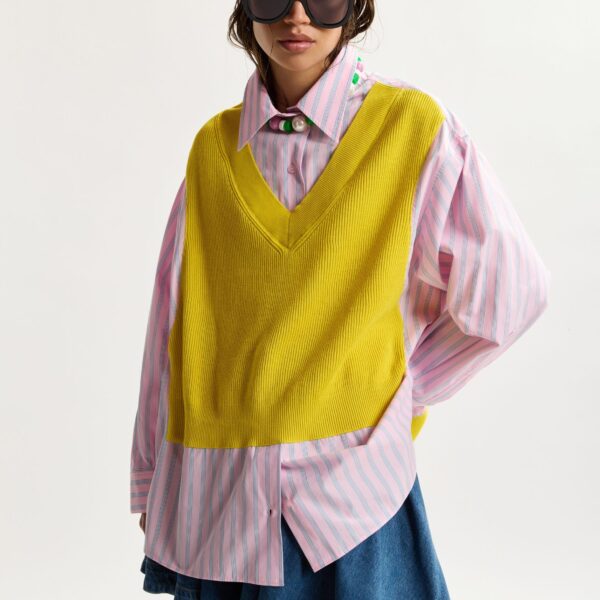 Essentiel Antwerp Yellow, Light Pink And Light Blue Knit-Panel Oversized Shirt, view 4