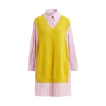 Essentiel Antwerp Yellow, Light Pink And Light Blue Knit-Panel Oversized Shirt Dress