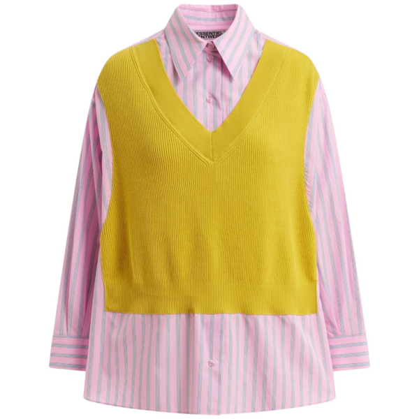 Essentiel Antwerp Yellow, Light Pink And Light Blue Knit-Panel Oversized Shirt