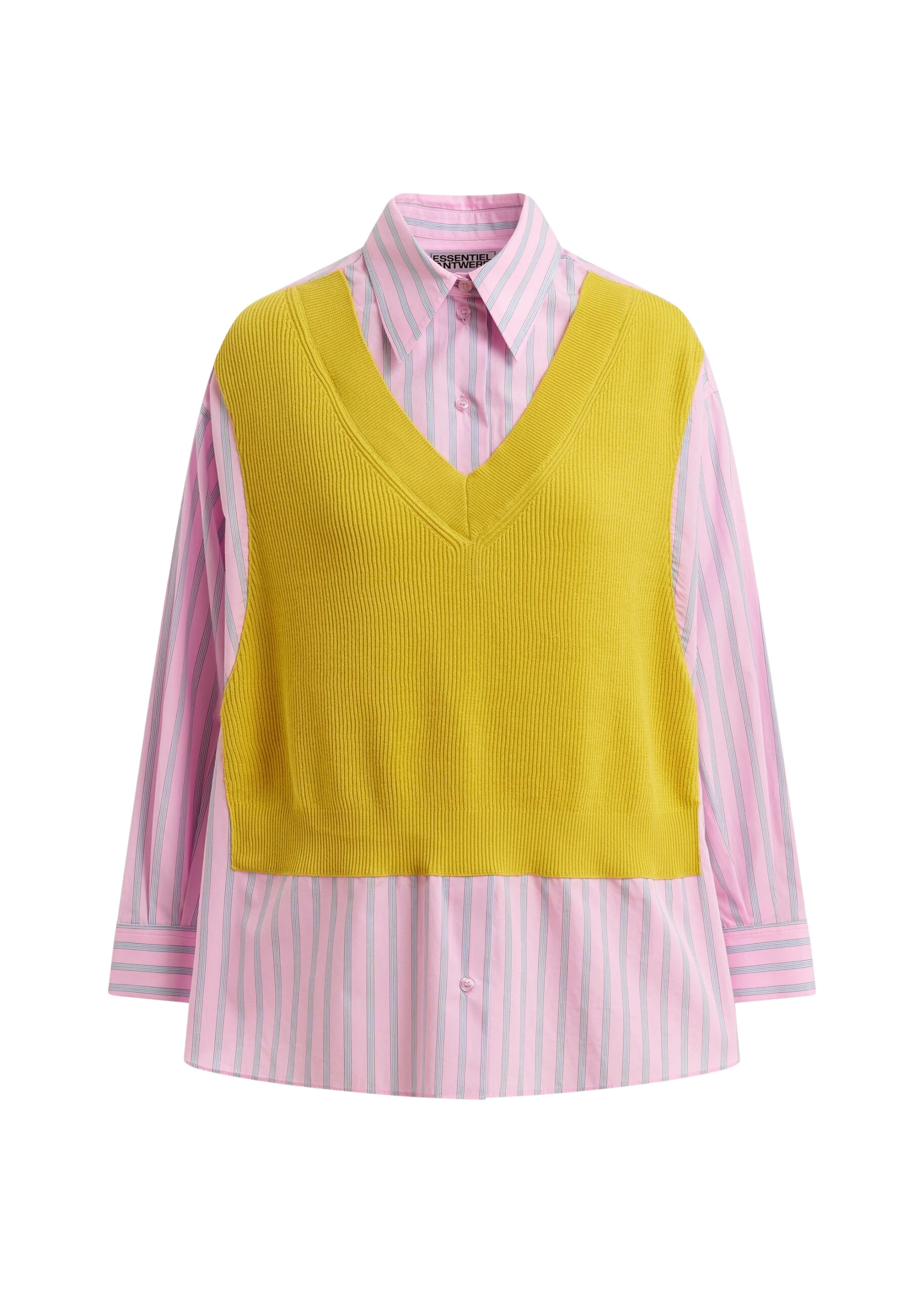 Essentiel Antwerp Yellow, Light Pink And Light Blue Knit-Panel Oversized Shirt