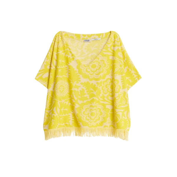 Essentiel Antwerp Yellow Textured Floral Jacquard Cotton-Blend Top With Fringed Trims - Essentiel Antwerp Tops - Colorful Belgian Design - Shop at Luxury Shoes 