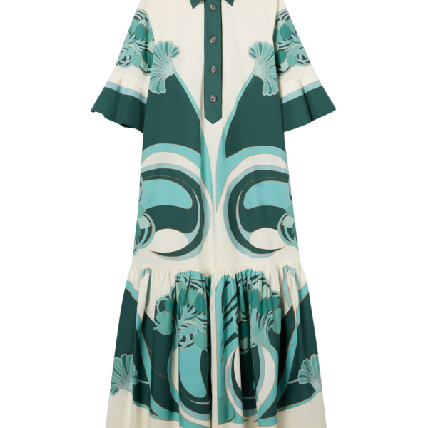 La DoubleJ Artemis Dress Blooming Tulip Placée Dark Green in Cotton Poplin