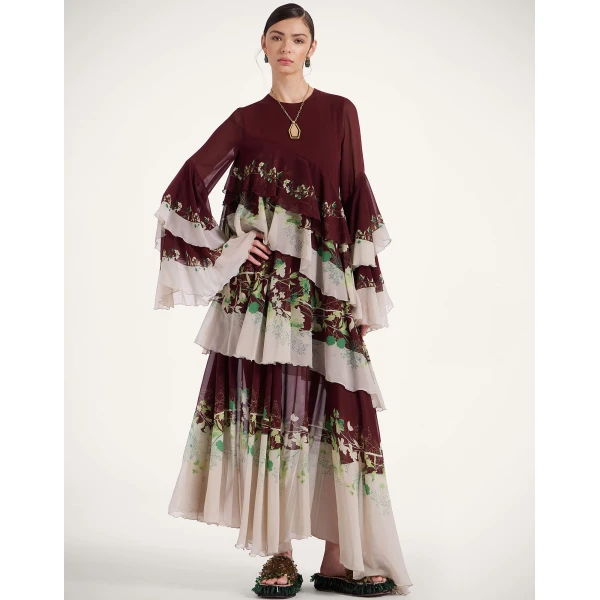 La DoubleJ Chemise Swing Dress Florette Fan Brown in Silk Twill - Dresses - Milanese Maximalist Fashion at Luxury Shoes 