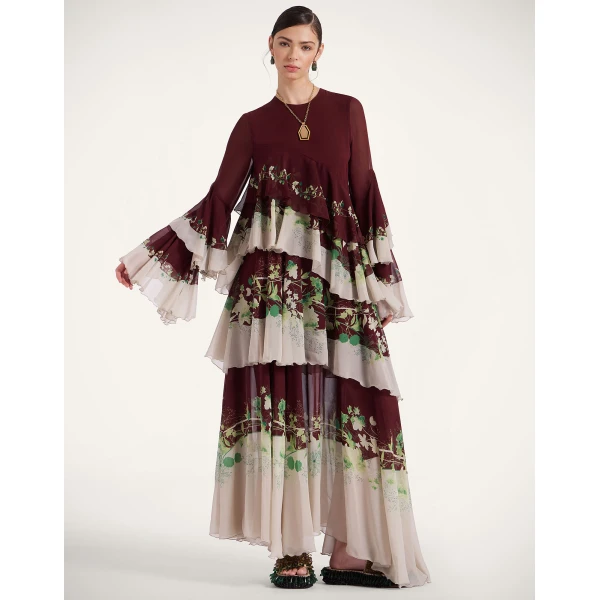 La DoubleJ Chemise Swing Dress Florette Fan Brown in Silk Twill - Dresses - Milanese Maximalist Fashion at Luxury Shoes 