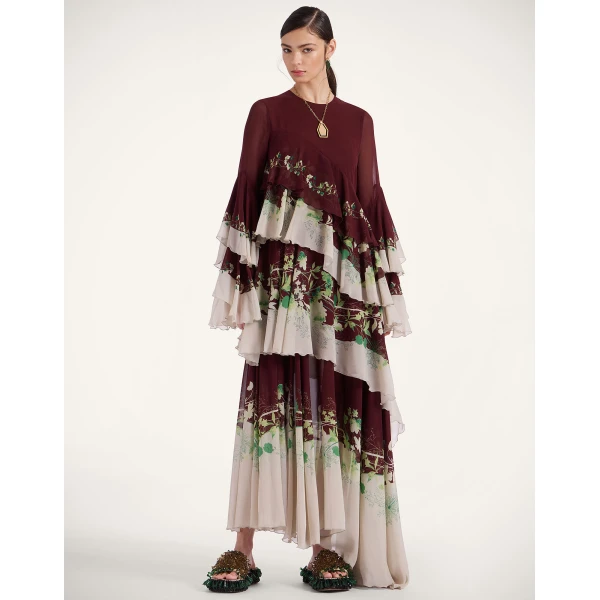 La DoubleJ Chemise Swing Dress Florette Fan Brown in Silk Twill - Dresses - Milanese Maximalist Fashion at Luxury Shoes 
