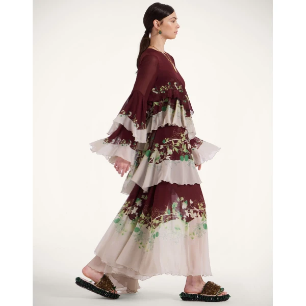 La DoubleJ Chemise Swing Dress Florette Fan Brown in Silk Twill - Dresses - Milanese Maximalist Fashion at Luxury Shoes 